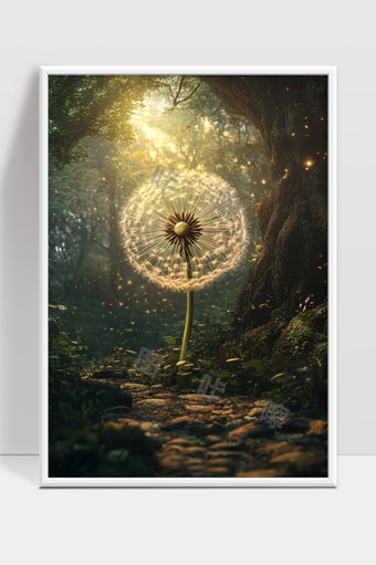 森林中阳光洒落下巨大风中蒲公英梦幻场景