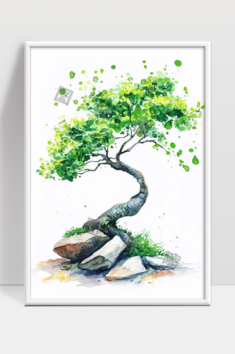 坚韧绿色树木生长在岩石上的水彩画作品