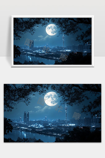 夜晚城市全景月光映照下的现代都市风貌