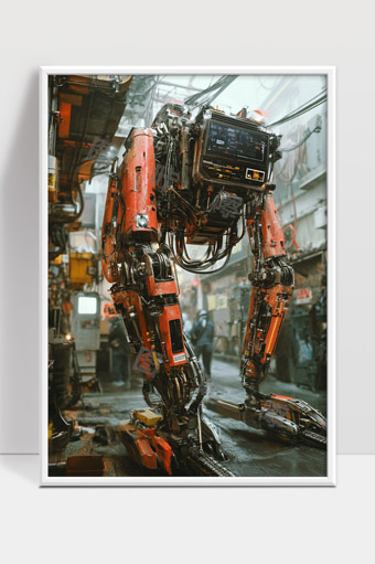 未来工业城市中的机械人形作业机器人