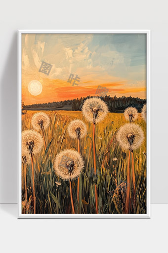 夕阳映照蒲公英田野美丽自然风光