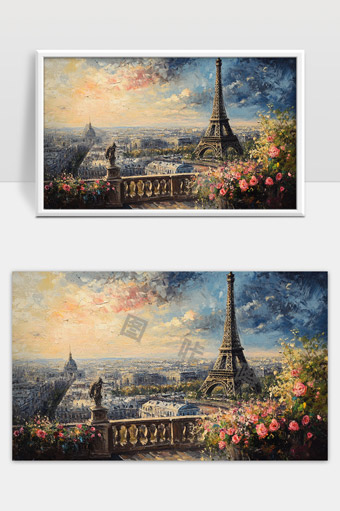 巴黎艾菲尔铁塔黄昏景色花园美景油画艺术作品