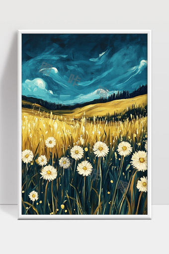 蓝天白云下的金色田野与盛开雏菊画卷