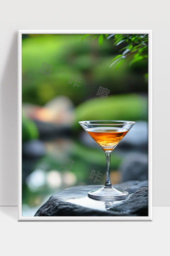 自然风光中透明酒杯映衬清澈琥珀色饮品美景