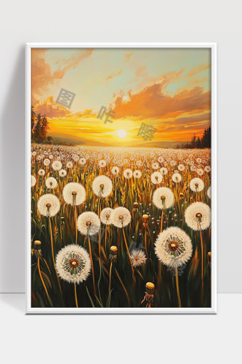 金色夕阳下的蒲公英田野美丽风光
