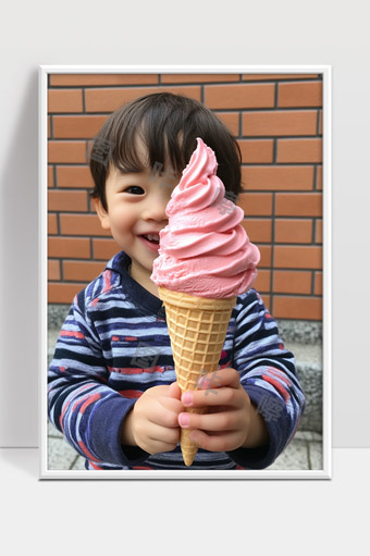 快乐小男孩手持大号粉色冰淇淋甜筒开心微笑