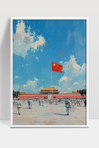 天安门广场升旗仪式和人群场景油画