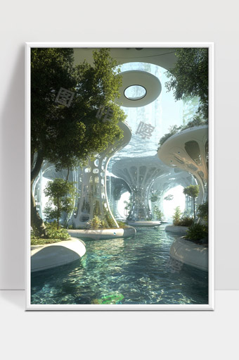 未来科幻城市中的生态水景与智能建筑融合景观