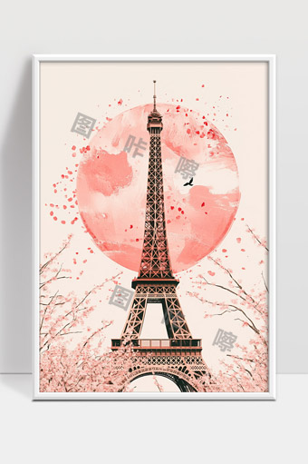 浪漫樱花映衬下的巴黎埃菲尔铁塔风光
