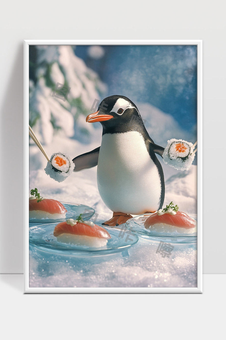 企鹅用筷子夹寿司冰雪奇趣美食创意场景