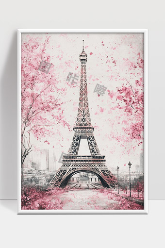樱花环绕下的巴黎埃菲尔铁塔浪漫风景