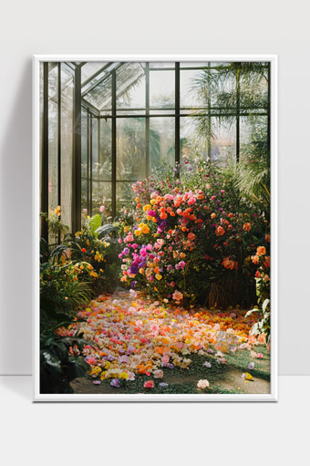 温室花园绽放五彩斑斓玫瑰花瓣满地铺展