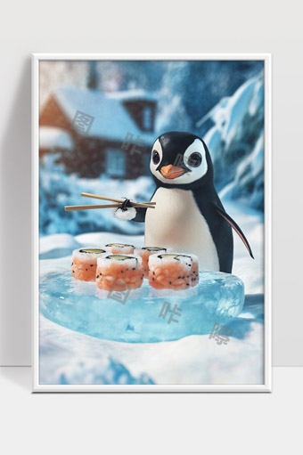 可爱企鹅冰雪世界用筷子品尝寿司场景