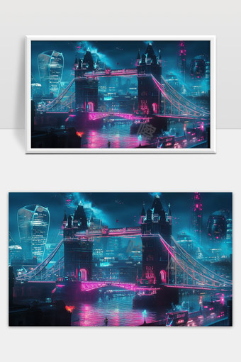 未来都市夜景灯光下的伦敦塔桥霓虹科技感画面