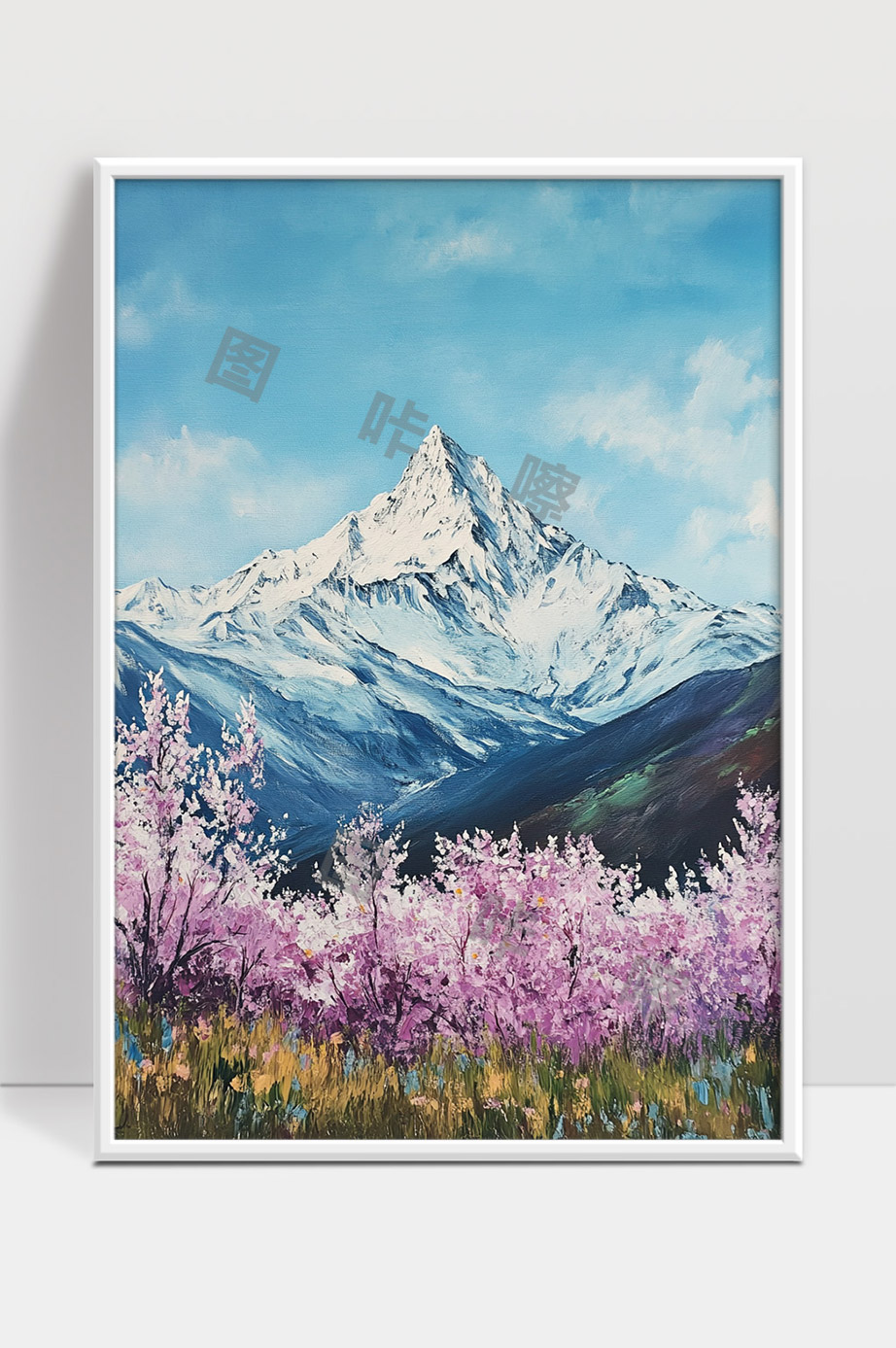 雪山下盛开粉色花海的唯美自然风景画