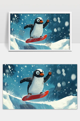 卡通企鹅滑雪冲浪趣味冬季运动场景