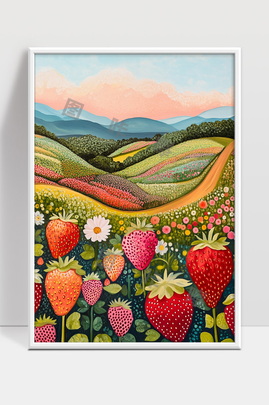 五彩花海与草莓田园乡村风光画作