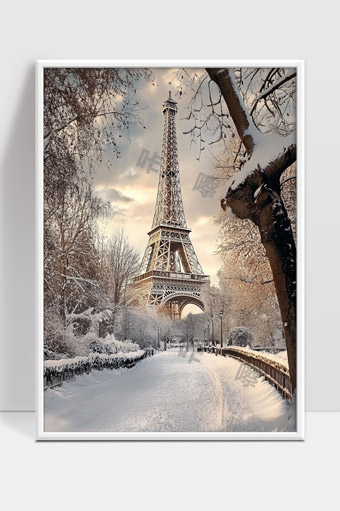 冬季雪景下的巴黎埃菲尔铁塔晨曦美景