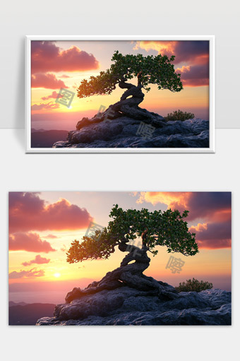 夕阳下孤独古树矗立山巅自然风光美景