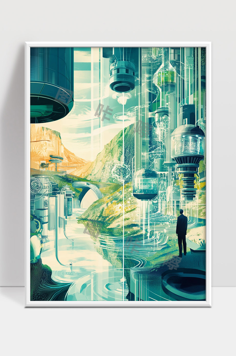 未来科技城市依山傍水智能机械和谐共存