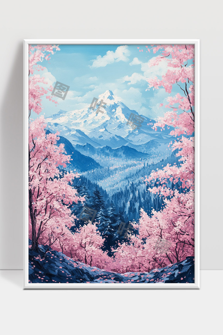 春天樱花环绕的雪山与森林美景