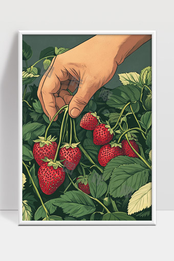 手摘鲜红草莓绿色叶子自然农场丰收画面