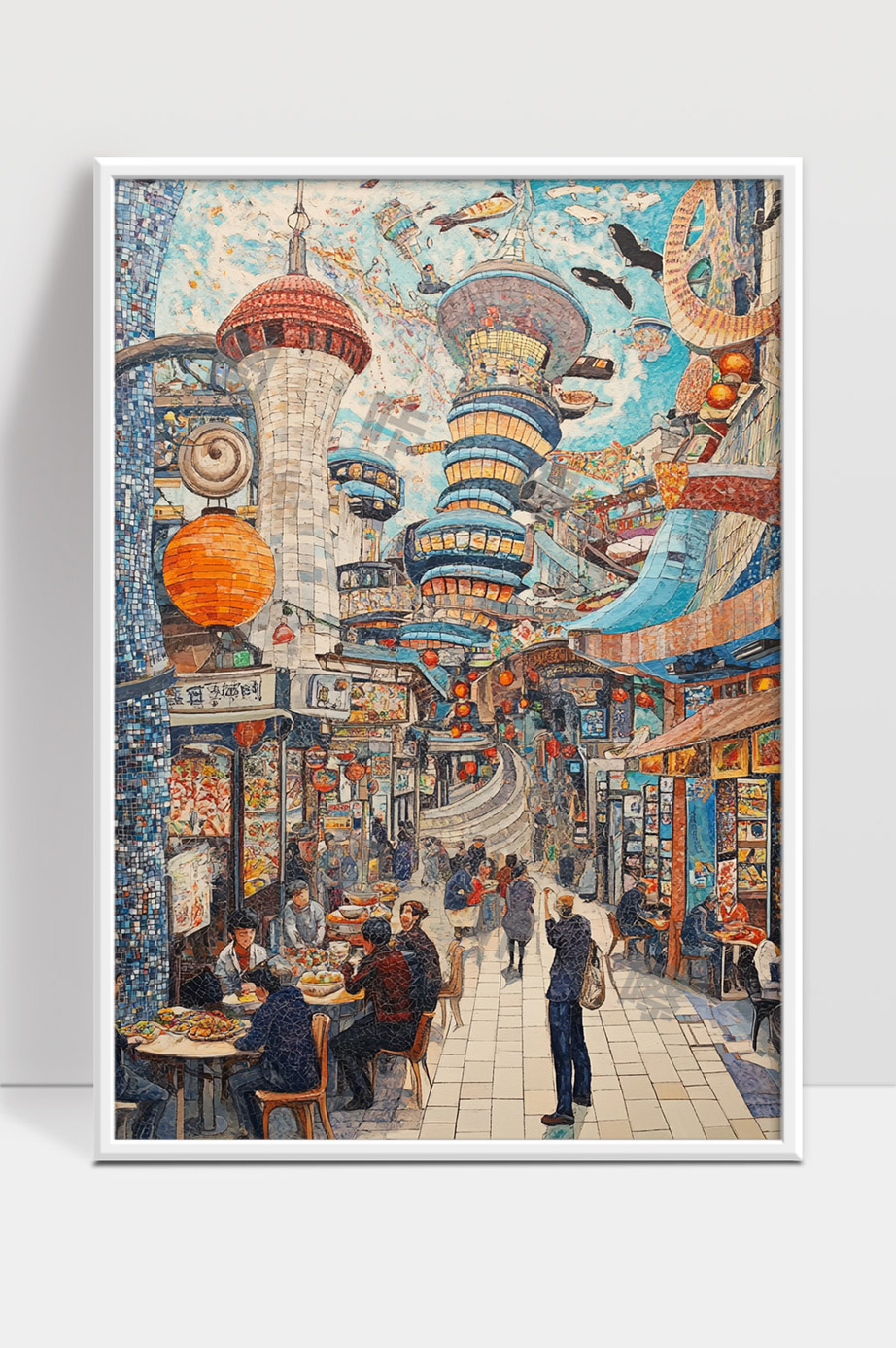 未来都市街景繁华美食文化融合生活场景