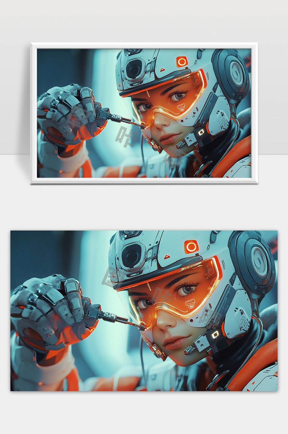 未来科技女性机械战士全息智能头盔特写