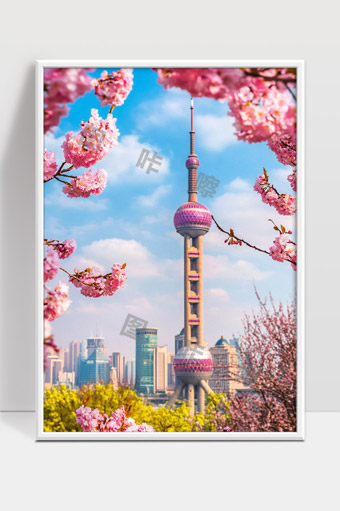 上海东方明珠塔春日樱花盛开美丽风光