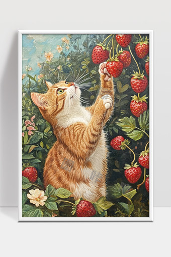 橘猫摘草莓田园风自然美景画作