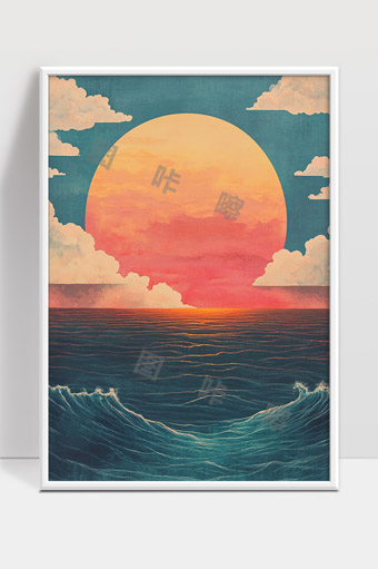 绚丽晚霞映照下的壮美海洋与巨型落日