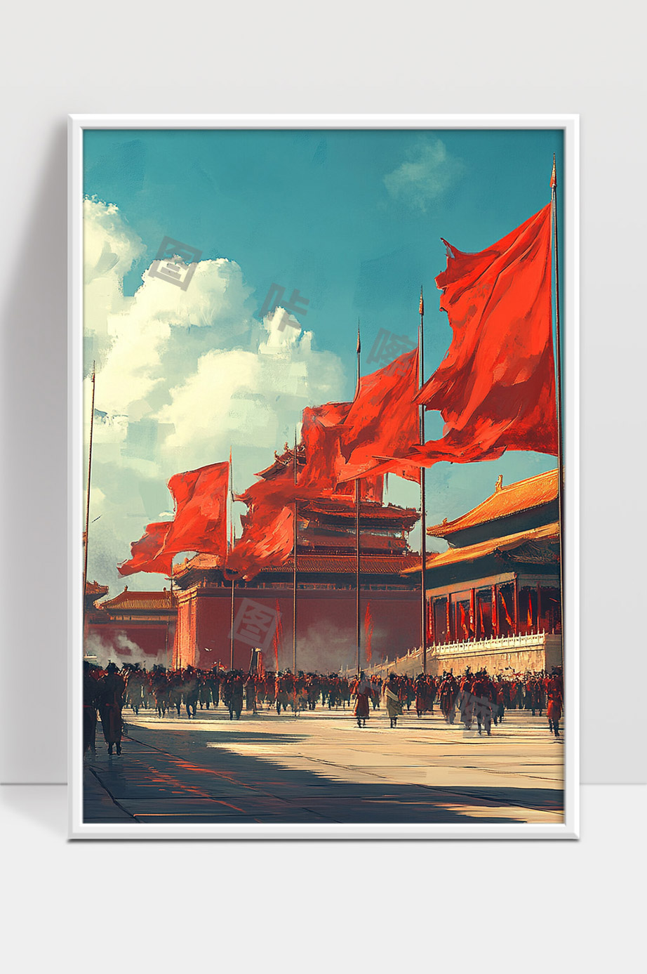 红旗飘扬的天安门广场盛大庆典场景