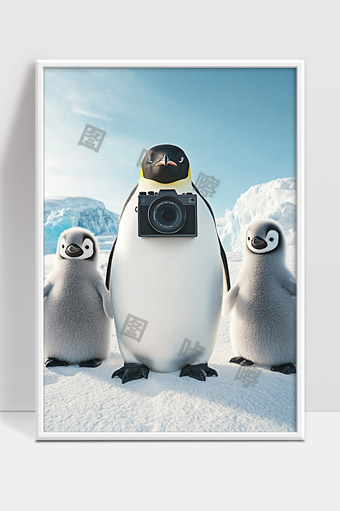 企鹅一家三口北极冰雪中手持相机萌趣合影