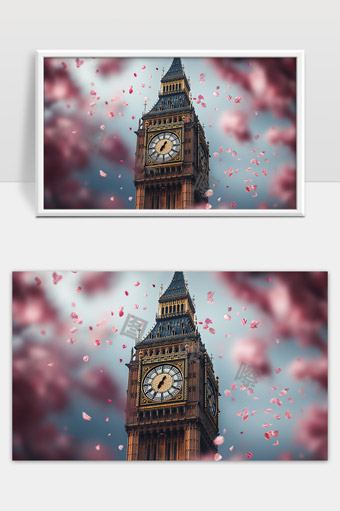 春日伦敦大本钟樱花花瓣纷飞美景