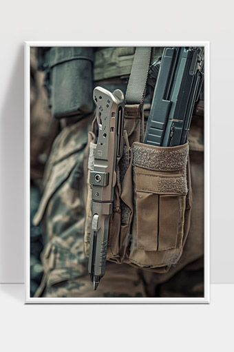 军用战术装备上的多功能战术笔特写图片