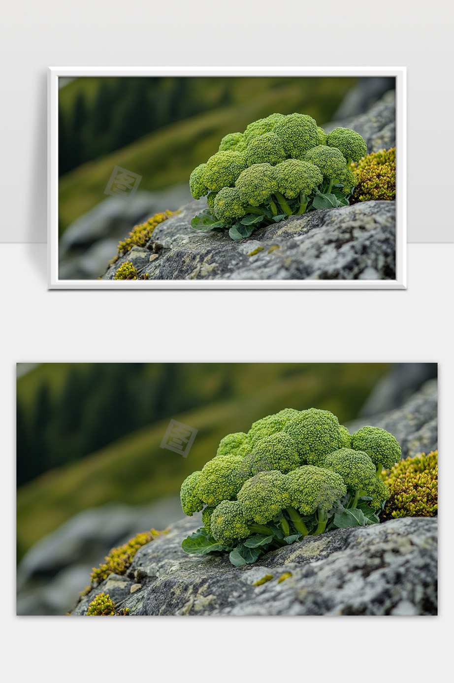 山间岩石上的绿色西兰花特写自然生长