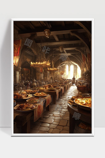 中世纪风格城堡盛大宴会厅丰富美食摆满长桌