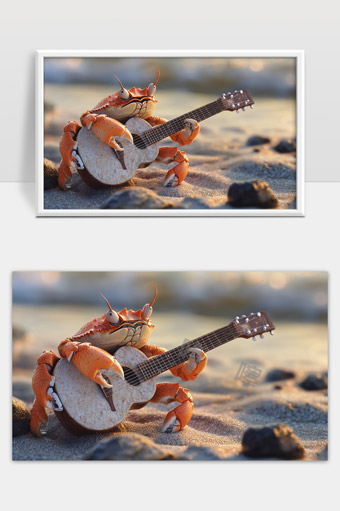 沙滩上的螃蟹弹吉他卡通创意趣味画面