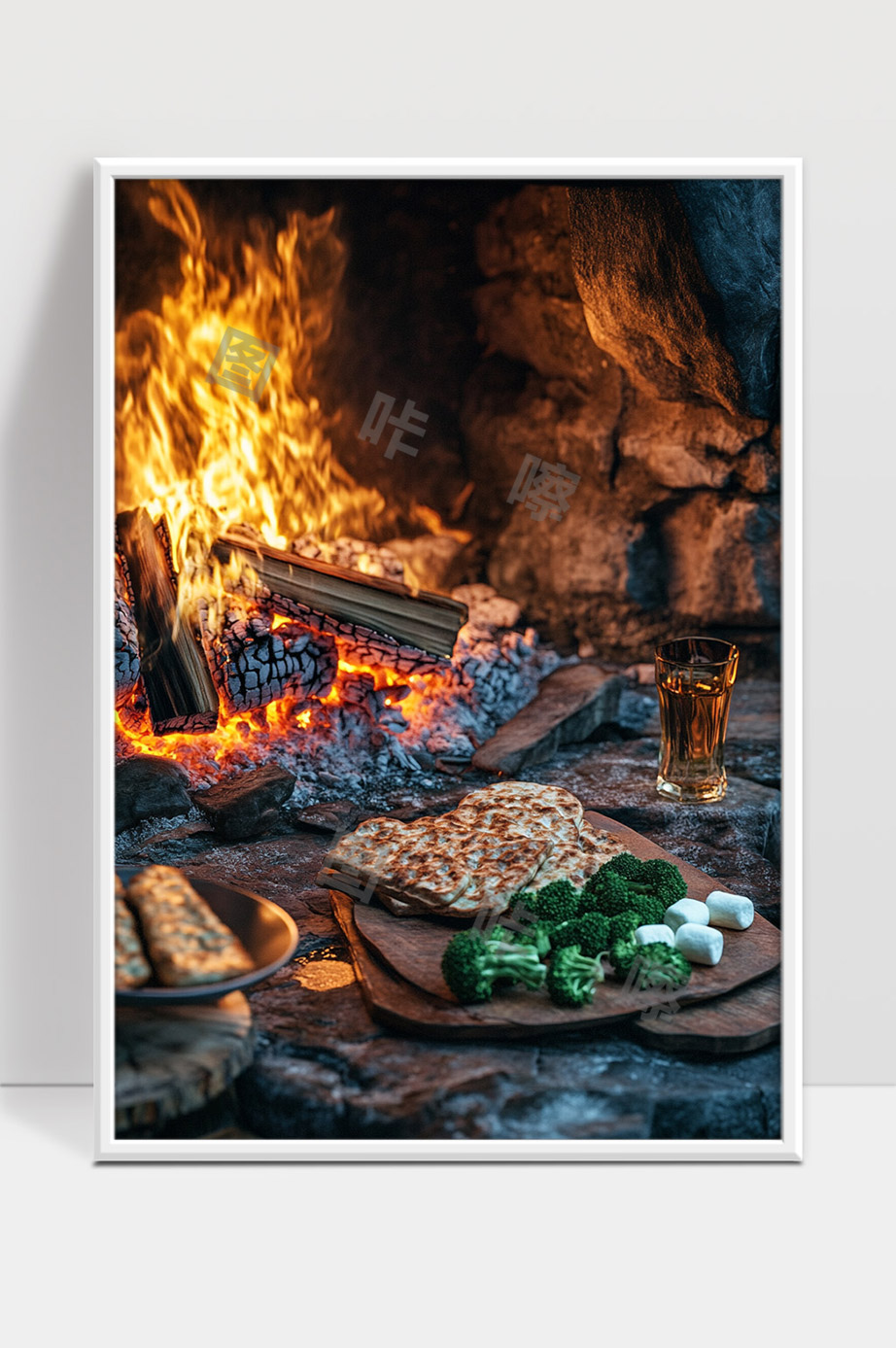 温暖篝火旁的美食摆盘与自然风味体验
