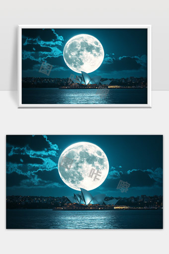 悉尼歌剧院下耀眼满月映照夜景宁静海面