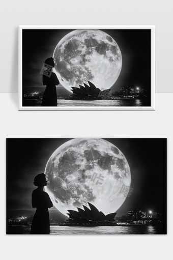 月光下悉尼歌剧院与女性剪影夜景唯美意境