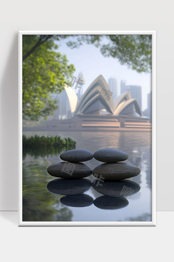 悉尼歌剧院与水中禅意石头风景静谧美感