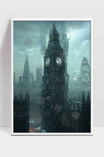 未来赛博朋克风格伦敦大本钟高科技都市景观
