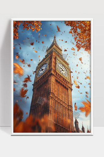 秋日伦敦大本钟金色枫叶飞舞壮丽景象