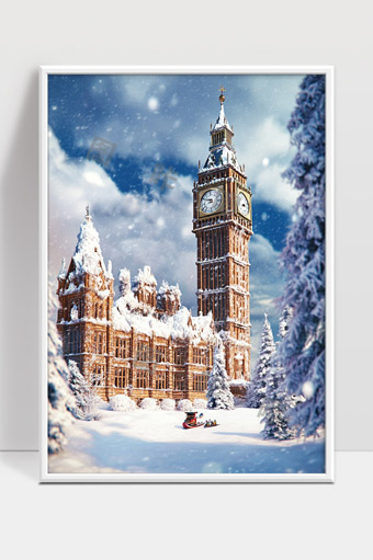 伦敦大本钟冬季雪景唯美自然风光