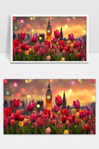伦敦大本钟前盛开的郁金香花海黄昏景色