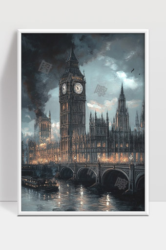 伦敦夜色下的伦敦大本钟和泰晤士河风光