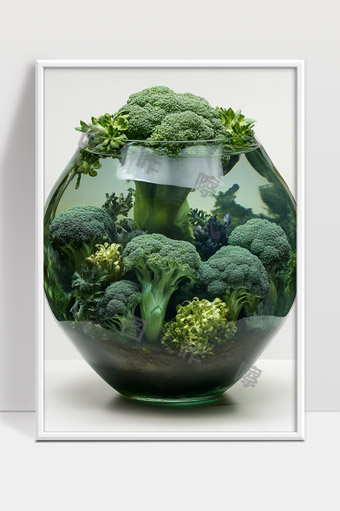 透明鱼缸中生长的绿色西兰花生态景观