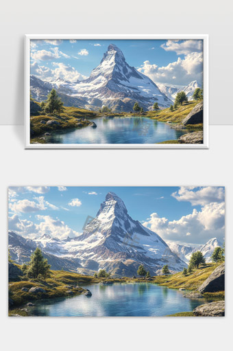 雪山倒映蓝天白云清澈湖水自然风光美景