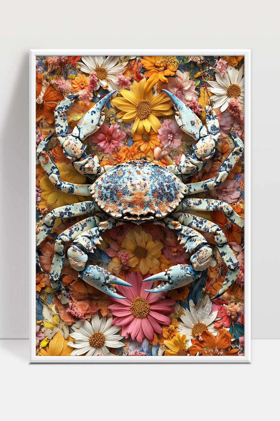 绚丽花海中的蓝斑蟹艺术展现自然之美